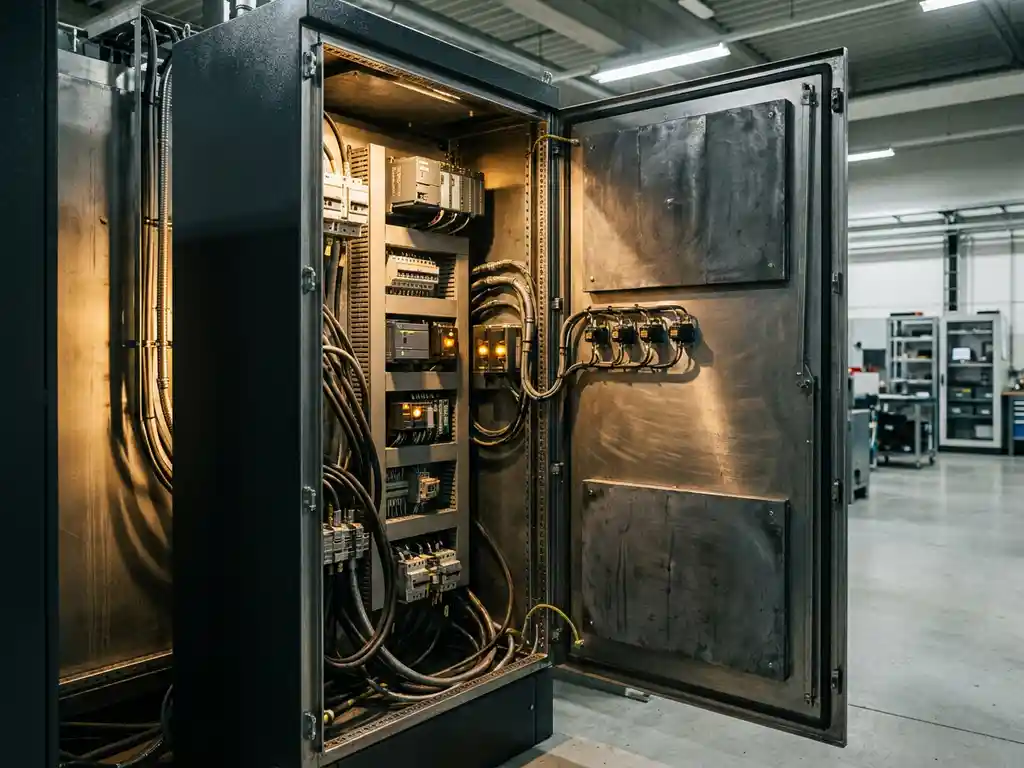 Geöffnetes Metall-Schaltschrank mit Bleiabschirmung, dichter Kabelführung und Steuerkomponenten, bernsteinfarbene Warnleuchten, industrielle Präzisionsmontage.