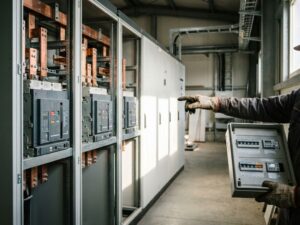 Elektriker zeigt auf industrielle Schaltanlage und hält kleinere Verteilerdose, Kupferschienen und Schalter sichtbar