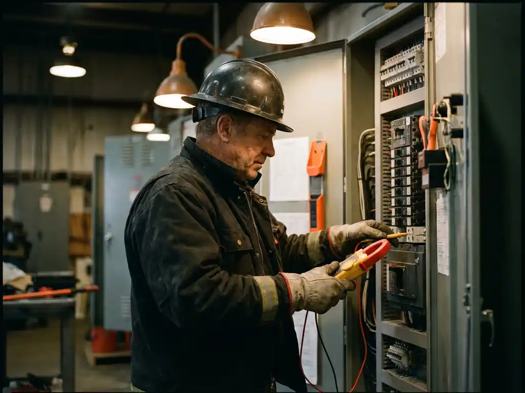 Elektriker in dunkler Arbeitskleidung prüft Industrieschaltschrank mit Multimeter, offenes Schaltschrankgehäuse im Hintergrund.