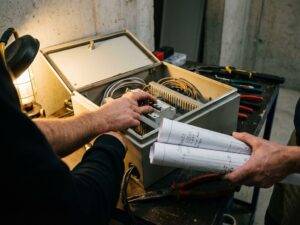 Elektriker justiert Sicherungen in Schaltschrank mit technischen Plänen in industrieller Umgebung