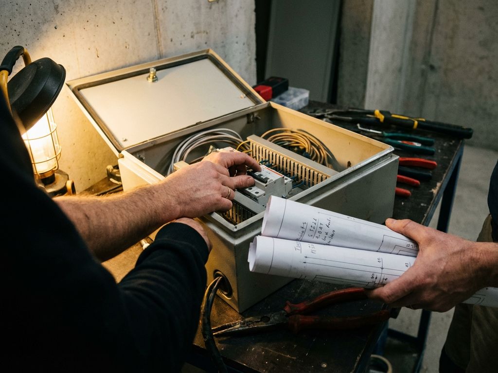 Elektriker justiert Sicherungen in Schaltschrank mit technischen Plänen in industrieller Umgebung