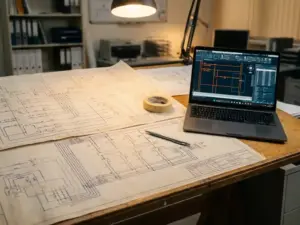 Elektrischer Infrastrukturplan mit Schaltkreisdiagrammen auf Zeichentisch, daneben Laptop mit CAD-Software und Druckbleistift.