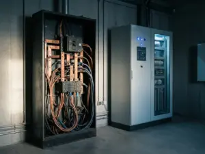 Industrielle Stromverteilungsanlage mit Kupferschienen neben moderner Niederspannungsschaltanlage in gemeinsamem Technikraum.