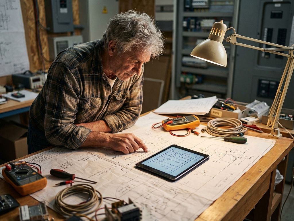Elektroingenieur analysiert Schaltpläne am Zeichentisch mit Tablet, Messgeräten und Bauplänen im Arbeitsplatz