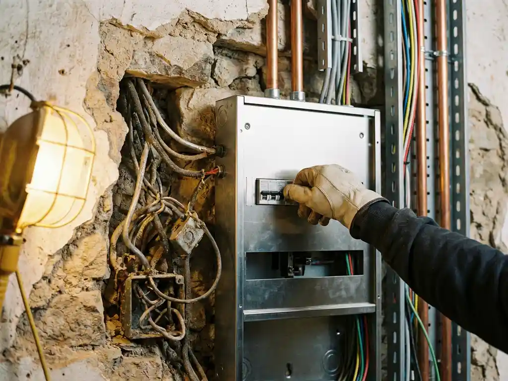 Elektriker verbindet Klemmen an modernem Sicherungskasten, neben veralteter Aluminiumverkabelung in historischer Steinwand freigelegt.