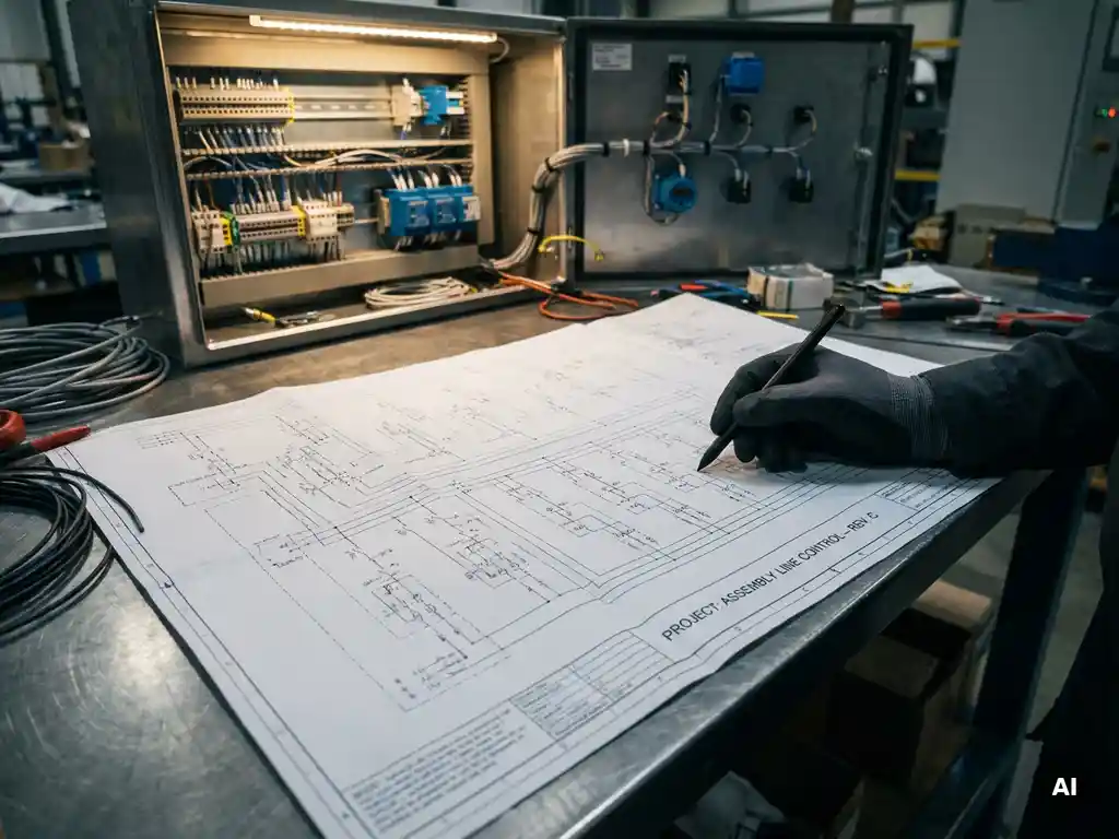 Ingenieur verfolgt EPLAN-Schaltplan auf technischem Papier am Stahlwerktisch, Schaltschrank im Hintergrund.