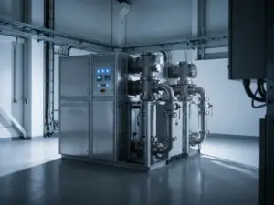 Gasisolierte Schaltanlage mit silbergrauen Gehäusen, Rohrverbindungen und blau leuchtenden Kontrollleuchten in einer modernen Industrieanlage.