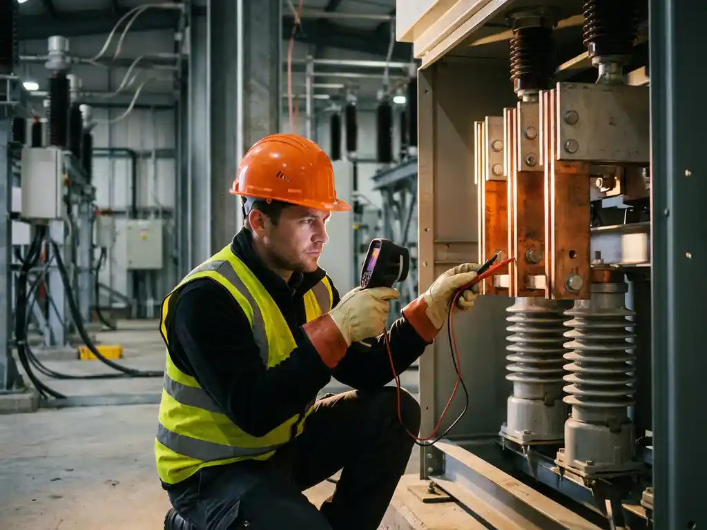 Elektroingenieur in Schutzausrüstung inspiziert Hochspannungsschalter mit Kupferkontakten in industriellem Umspannwerk