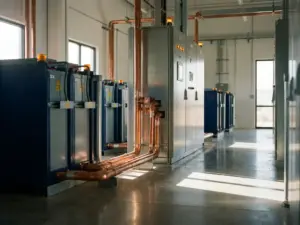 Industrielle Batteriespeicheranlage mit Kupferschienen und Schaltschränken in modernem Verteilerraum mit Betonboden.