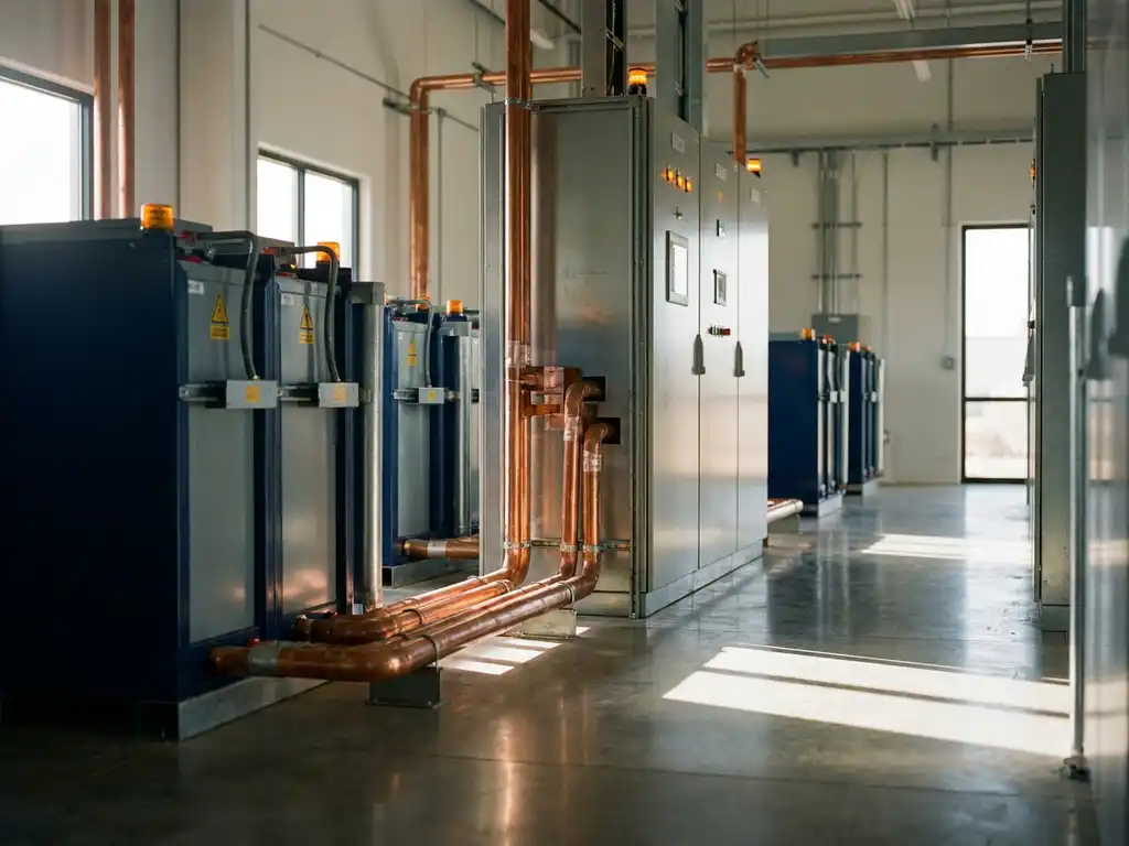 Industrielle Batteriespeicheranlage mit Kupferschienen und Schaltschränken in modernem Verteilerraum mit Betonboden.