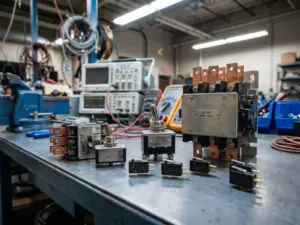 Industrielle Elektroschalter verschiedener Größen auf Metallwerkbank, von Hochspannungsschützen bis Mikroschaltern mit Amperezahlen