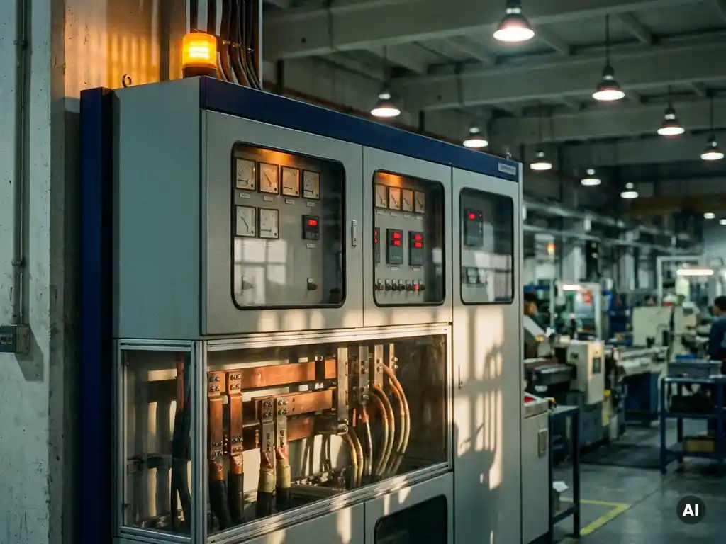 Industrielles Schaltfeld mit Analogmessgeräten, Kupferschienen und leuchtendem Amberwarnsignal in sauberer Fabrikhalle.