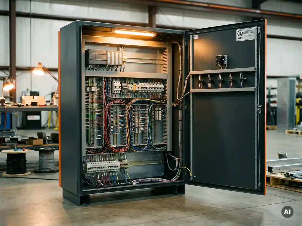 Geöffnetes UL508A-zertifiziertes Industriesteuerungspanel mit strukturierter Verkabelung, Klemmenblöcken und montierten Komponenten auf Fabrikboden.