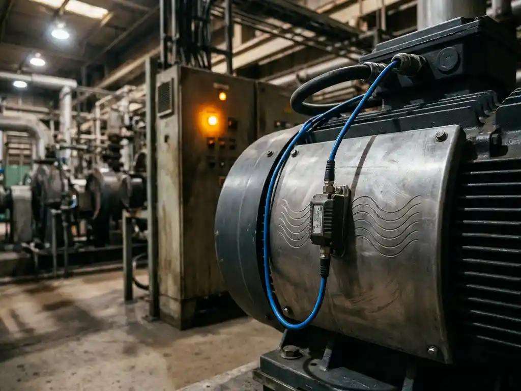 Industrieller Vibrationssensor an einem Elektromotor mit Wellenmustern im Metallgehäuse und warnem Warnsignal im Hintergrund.