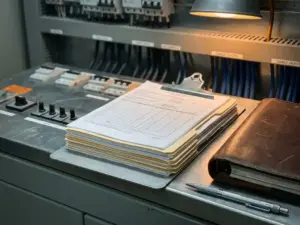 Inspektionsdokumente auf Klemmbrett vor Schaltschrank mit Sicherungen, Ledernotizbuch und Stift im Hintergrund.