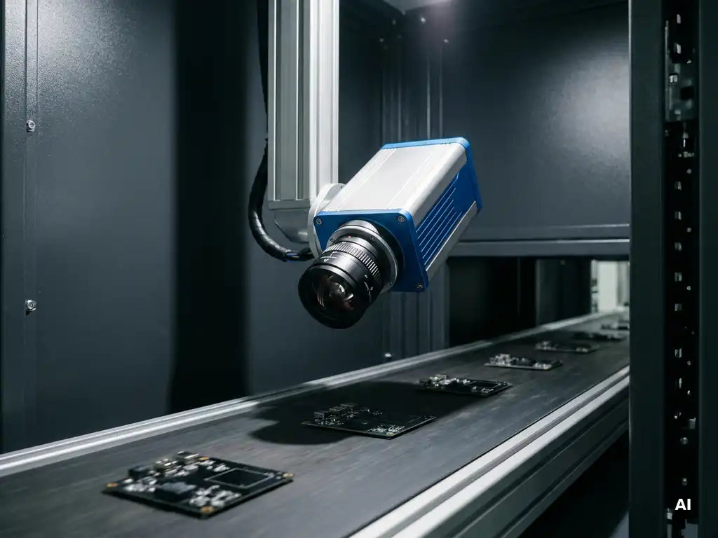 Hochpräzise Optik-Inspektionskamera über Förderband scannt glänzende Elektronikbauteile in moderner Fabrikhalle.