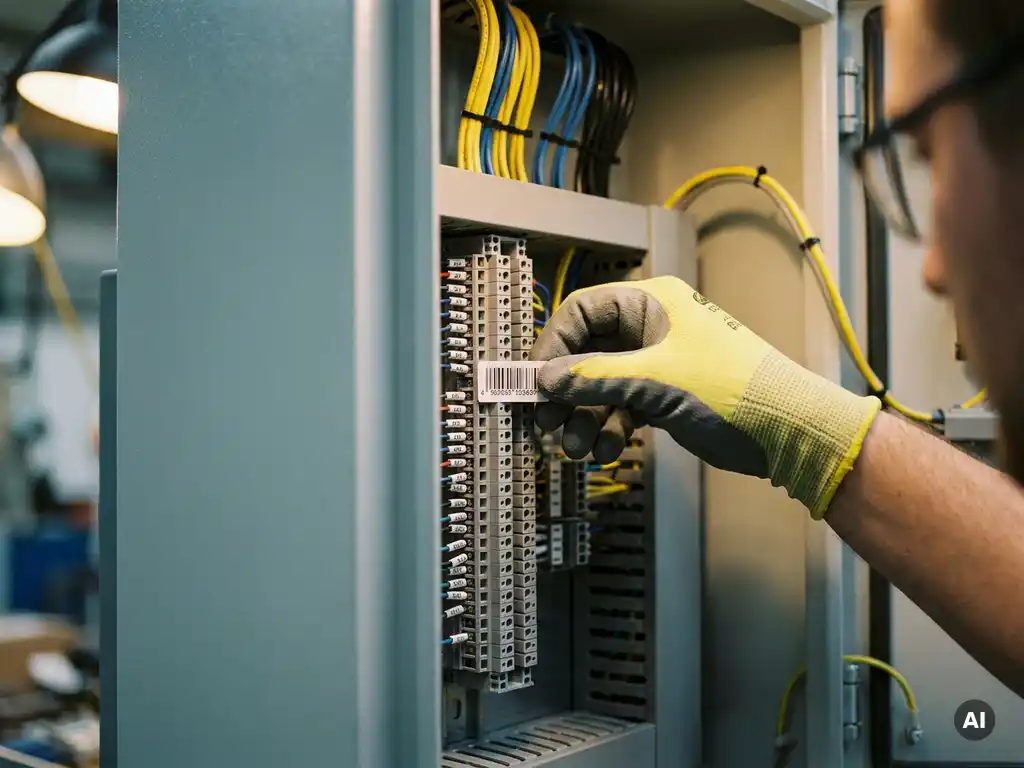 Techniker klebt Etikett auf Klemmleiste in geöffnetem Schaltschrank, Kabelbündel im Hintergrund, Industrieumgebung.