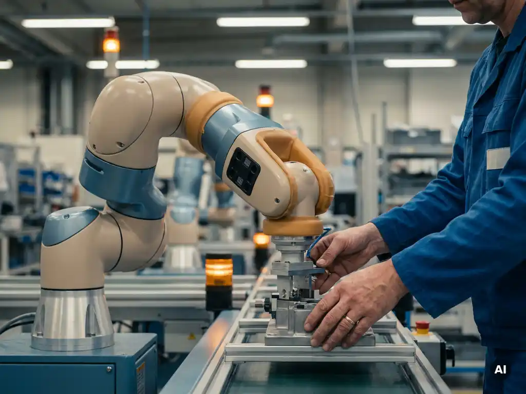 Kollaborativer Roboterarm mit Schutzgehäuse arbeitet neben einem Techniker am Montageband in moderner Fabrikhalle.