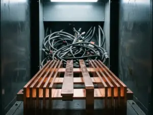 Kupfer-Sammelschienensystem in geöffnetem Schaltschrank, parallele Leiter kontrastieren mit ungeordneten Kabeln im Hintergrund.