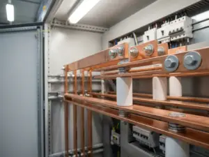 Kupfer-Sammelschienensystem mit parallelen Leitern auf weißen Keramikisolatoren in elektrischem Verteilerschrank