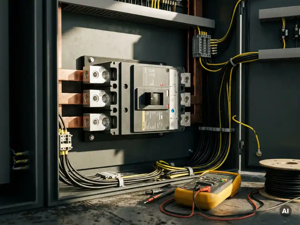 Industrieller Leistungsschalter in offenem UL508A-Schaltschrank mit Kupfersammelschienen, Kabeln und Multimeter, dramatische Seitenbeleuchtung.