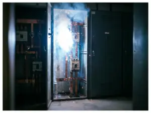 Lichtbogen-Explosion in geöffnetem Schaltschrank mit weißblauem Plasma, sichtbaren Kupferschienen und Leistungsschaltern.