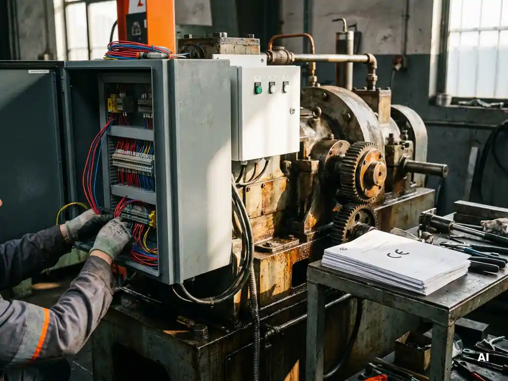 Techniker verdrahtet farbcodierten Kabelbaum in geöffnetem Stahlschaltschrank bei der Nachrüstung einer Industriemaschine mit CE-Dokumentation.