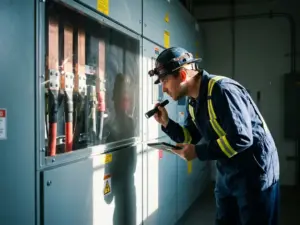 Elektriker in flammhemmender Schutzkleidung prüft Mittelspannungsschaltanlage mit Kupferschienen und Kabelanschlüssen in Industrieumspannwerk.
