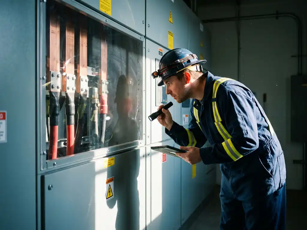 Elektriker in flammhemmender Schutzkleidung prüft Mittelspannungsschaltanlage mit Kupferschienen und Kabelanschlüssen in Industrieumspannwerk.