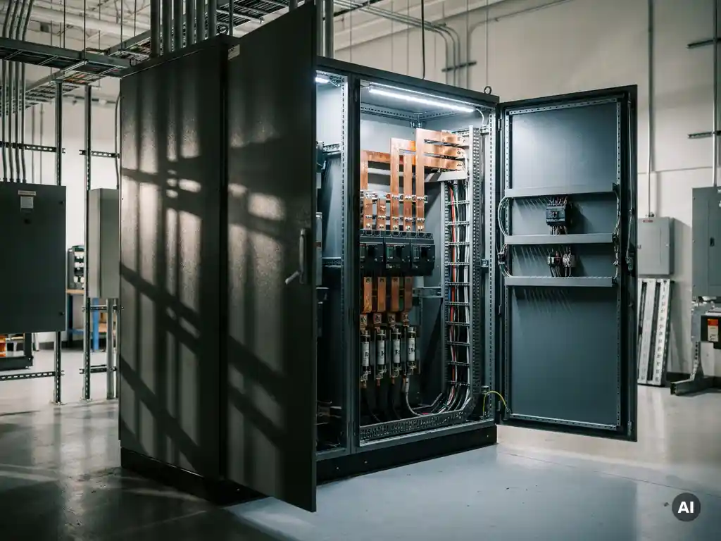 Geöffneter Niederspannungs-Schaltschrank mit Kupferschienen, Leistungsschaltern und Kabelkanälen in einer Elektrotechnikanlage.