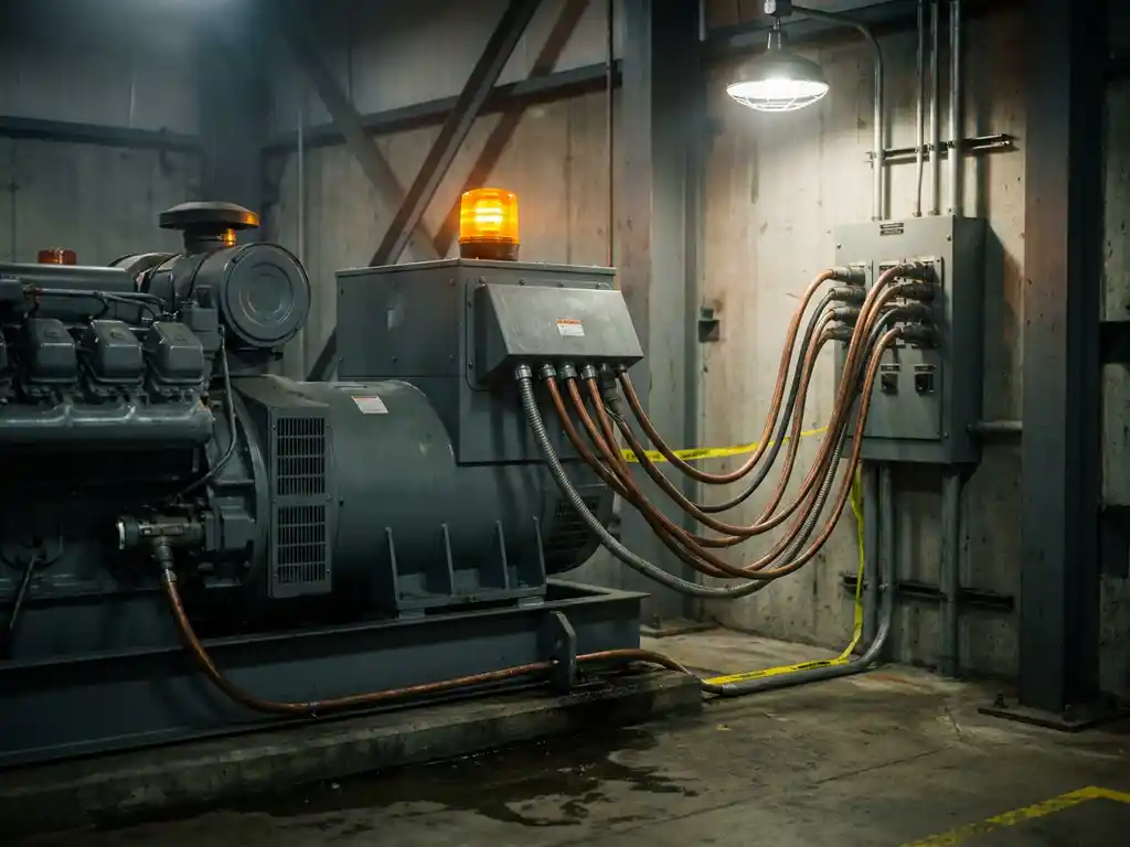 Industrieller Notstromgenerator in schwach beleuchtetem Technikraum mit Kupferkabeln, Verteilerkasten und dramatischen Schatten.