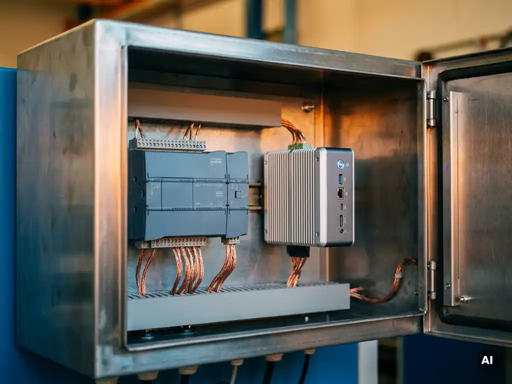 DIN-Schienen-SPS-Modul und Industrie-PC im geöffneten Schaltschrank mit gebündelter Kupferverkabelung und Klemmblöcken.