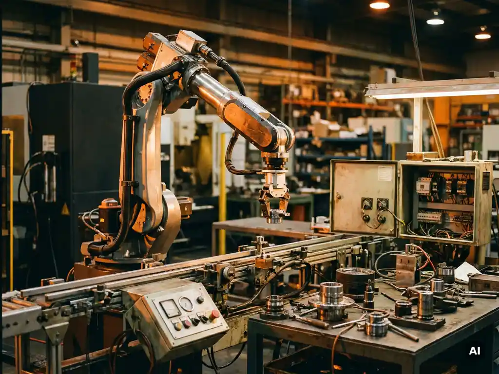 Industrieroboterarm bei der Montagearbeit an einer Fertigungslinie, umgeben von Metallkomponenten und Steuerpanelen in warmem Bernsteinlicht.