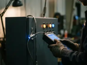 Präzisionssensor an industriellem Schaltschrank, Techniker mit Diagnosegerät, leuchtende Kontrollleuchten im Hintergrund.