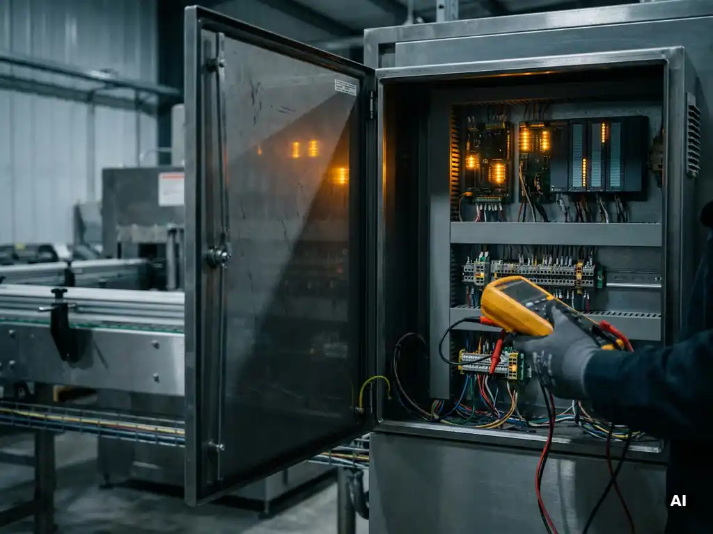 Techniker prüft offenen PLC-Schaltschrank mit Multimeter an Klemmen, blinkende Fehleranzeigen, gestoppte Produktionslinie