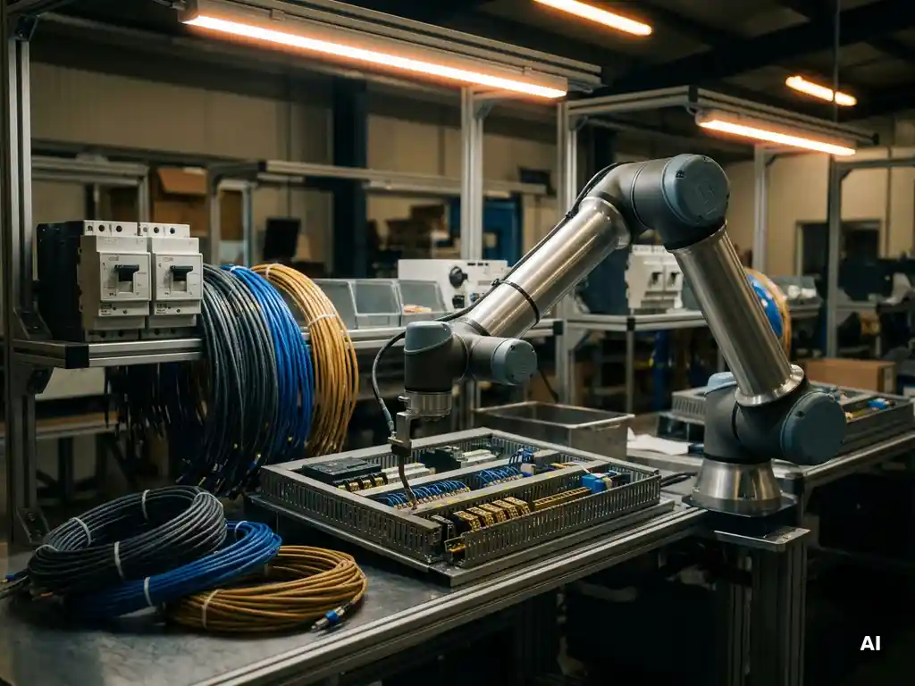 Roboterarm lötet präzise eine Schaltanlage in einer Fabrikhalle mit organisierten Kabelbäumen und industriellen Schaltgeräten.