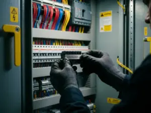 Techniker befestigt graviertes Etikett an Klemmblock in Schaltschrank mit farbcodierten Kabeln und Leistungsschaltern im Hintergrund.