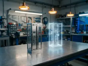 Miniatur-Schaltschrank auf Stahlwerkbank neben leuchtendem digitalem Zwilling in Blautönen, industrielle Werkstattumgebung.