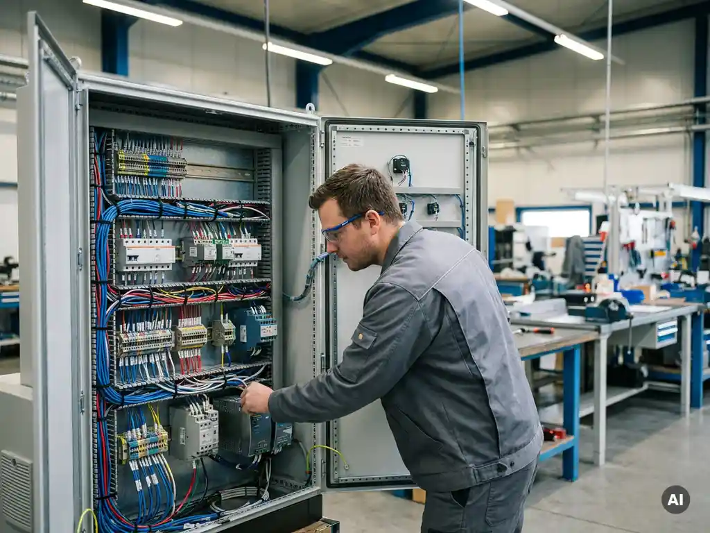 Techniker inspiziert geöffneten Schaltschrank mit strukturierter Verkabelung, Reihenklemmen und DIN-Schienen in industrieller Werkstatt.