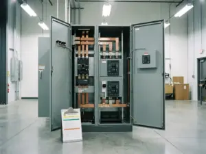 Geöffneter Industrieschaltschrank mit Kupferschienen und Leistungsschaltern, Sicherheitsdokument auf Klemmbrett, fluoreszierendes Deckenlicht.