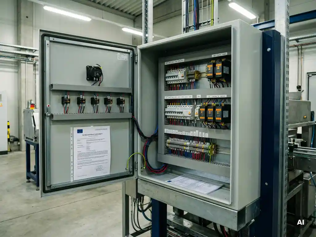 Geöffneter Industrieschaltschrank mit verdrahteten Sicherheitsrelais, Schutzschaltern und EU-Zertifizierungsdokument auf Fabrikboden.