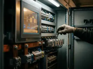 Techniker justiert Relaissteuerungen in geöffnetem Schaltschrank mit Kupferschienen, Klemmenblöcken und SCADA-Bildschirmreflexion.