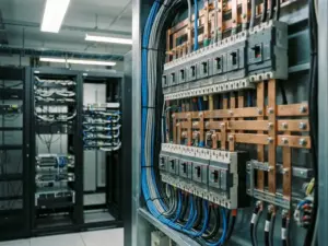Elektrischer Verteilerkasten mit Kupferschienen und Leitungsschutzschaltern in einem Serverraum, Serverracks im Hintergrund.