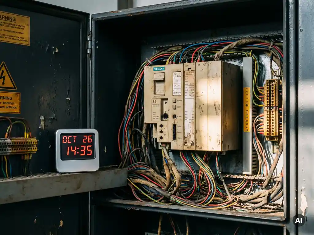 Veraltete Siemens S5 SPS in geöffnetem Schaltschrank mit farbigen Kabelbündeln und Digitalkalender an der Schranktür.