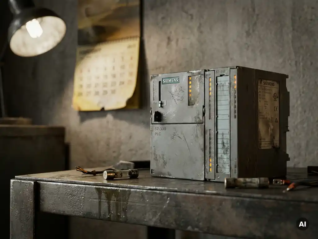 Veraltetes Siemens S7-300 SPS-Modul auf Stahlwerkbank mit Ersatzteilen und Kalender an Betonwand im Hintergrund.