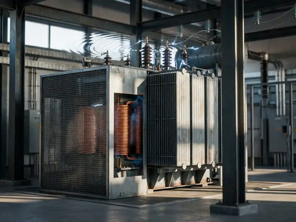 Industrieller Transformator mit sichtbaren Kupferspulen in moderner Umspannanlage, dramatische Seitenbeleuchtung