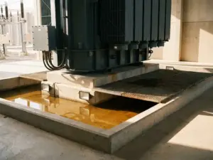 Industrietransformator mit Ölauffangwanne aus Beton in einer Elektroumspannstation, dramatische Seitenbeleuchtung betont Stahlgehäuse und Abdichtung.