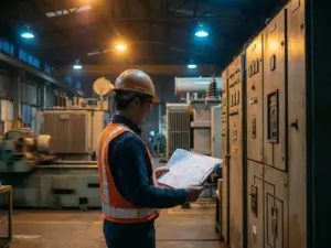 Ingenieur prüft technische Schaltpläne neben Schaltschränken in einer Industrieanlage mit warmem Umgebungslicht.