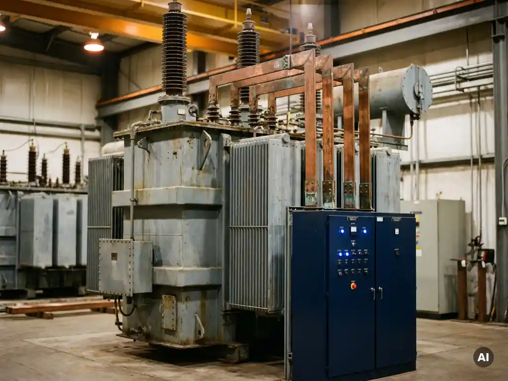 Industrietransformator in einer Umspannstation mit Kupferschienen, Hochspannungsisolatoren und Niederspannungsverteilung in warmem Werkstattlicht.