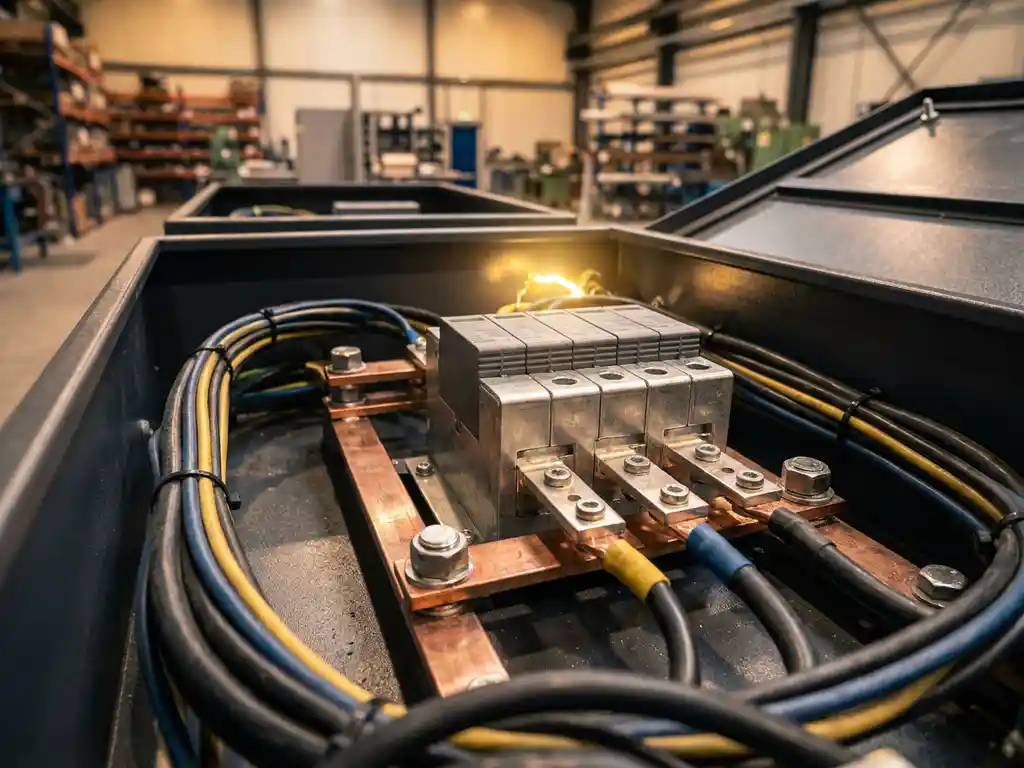 Überspannungsschutzgerät in geöffnetem Industrieschaltschrank mit Kupferschienen, Kabelsträngen und metallischen Klemmen im Vordergrund.